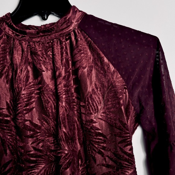 Loveriche Tops - Loveriche Womens Sm‎ Burgundy Burnout Velvet Blouse Sheer Swiss Dot Sleeve EUC